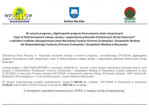 Informacja o projekcie z udziałem środków zewnętrznych - Aparaty powietrzne dla OSP w Haczowie