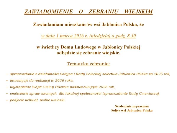 Zebranie Wiejskie w Jabłonicy Polskiej 1.03.2026