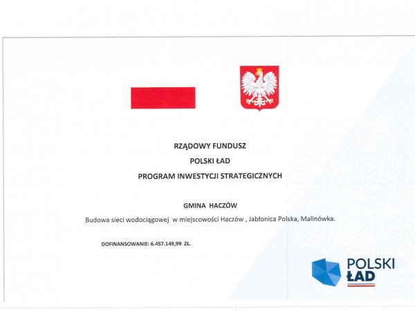 Dofinansowanie budowy wodociągu - Haczów - Jabłonica Pol. - Malinówka