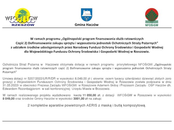 Informacja o projekcie z udziałem środków zewnętrznych - Aparaty powietrzne dla OSP w Haczowie