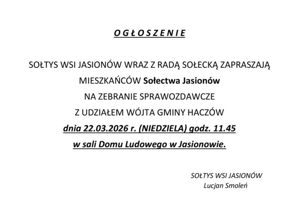 Zebranie Wiejskie w Jasionowie 22.03.2026