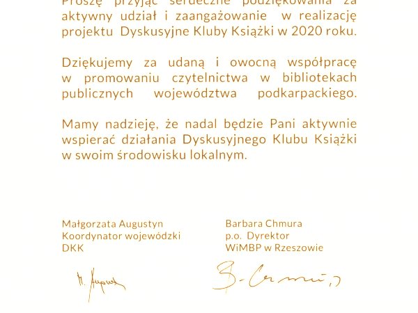 Podziękowanie dla pracowników Gminnej Biblioteki Publicznej w Haczowie