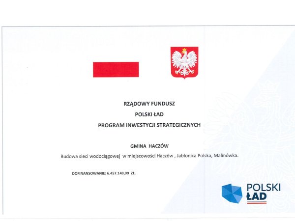 Dofinansowanie budowy wodociągu - Haczów - Jabłonica Pol. - Malinówka