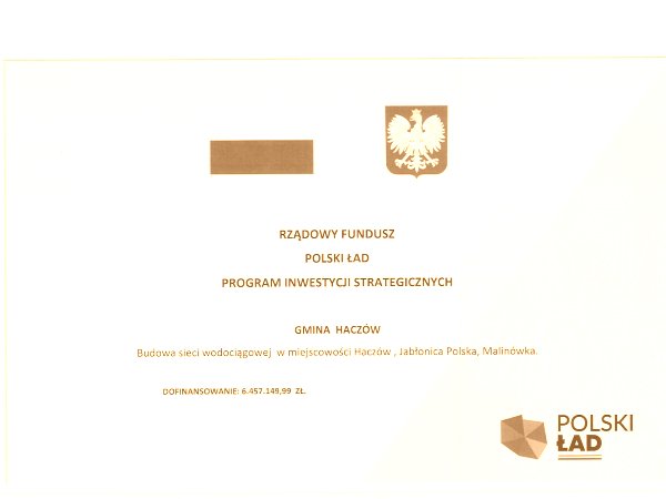Dofinansowanie budowy wodociągu - Haczów - Jabłonica Pol. - Malinówka