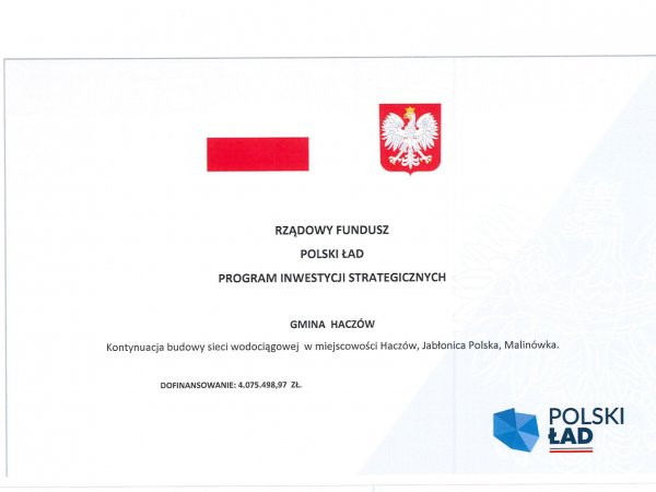 Dofinansowanie kontynuacji wodociągu - Haczów - Jabłonica Pol. - Malinówka