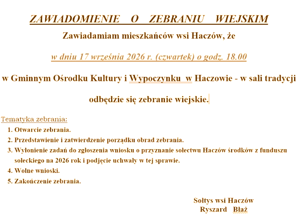 Haczów - zebranie wiejskie - 17 września 2026