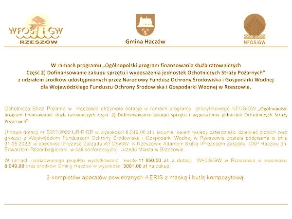 Informacja o projekcie z udziałem środków zewnętrznych - Aparaty powietrzne dla OSP w Haczowie