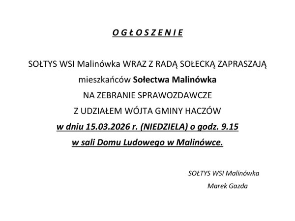 Zebranie sprawozdawcze w Malinówce 15.03.2026