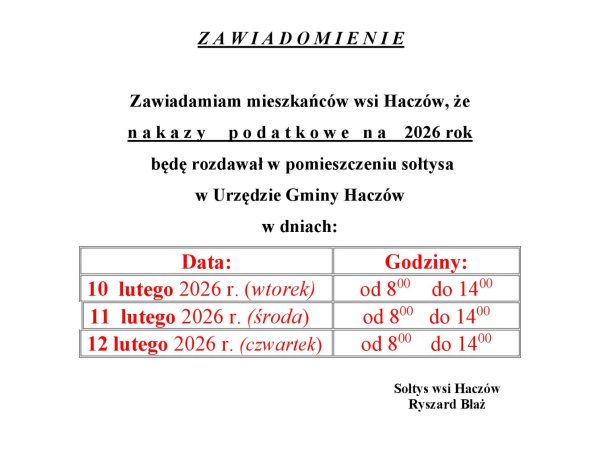 Haczów - nakazy podatkowe na 2026 rok