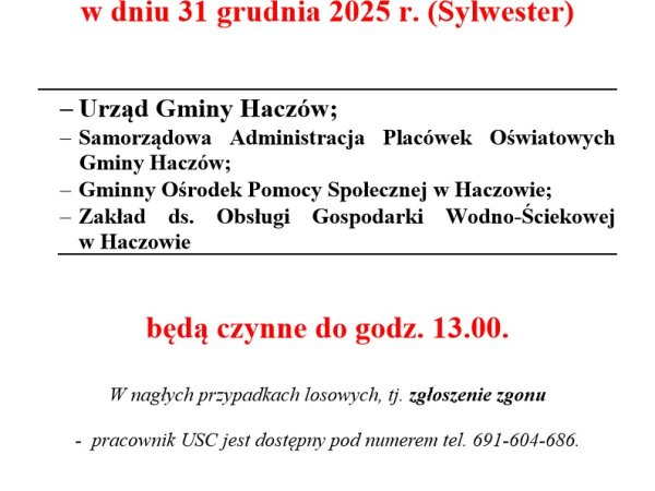Godziny pracy urzędu w dniu 31 grudnia 2025 r.