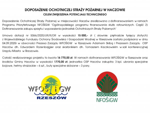 Informacja o projekcie z udziałem środków UE - OSP w Haczowie