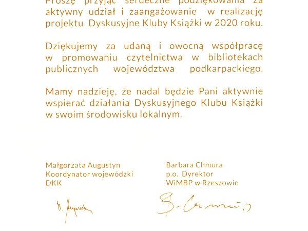 Podziękowanie dla pracowników Gminnej Biblioteki Publicznej w Haczowie