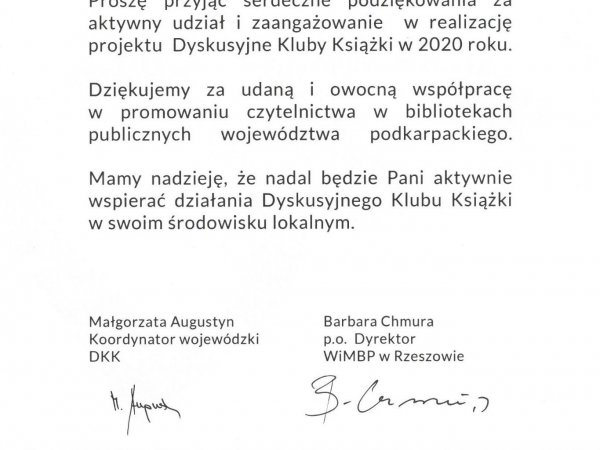 Podziękowanie dla pracowników Gminnej Biblioteki Publicznej w Haczowie