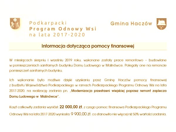 Informacja o projekcie z udziałem środków UE - Dom Ludowy w  Malinówce
