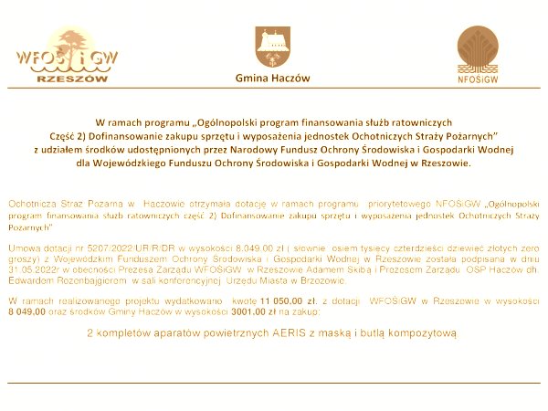 Informacja o projekcie z udziałem środków zewnętrznych - Aparaty powietrzne dla OSP w Haczowie
