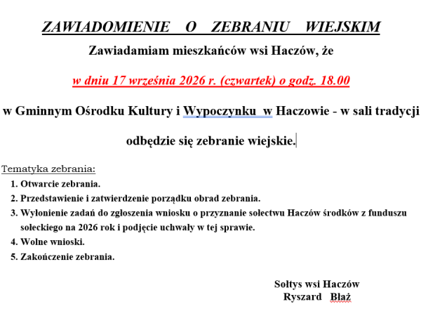 Haczów - zebranie wiejskie - 17 września 2026