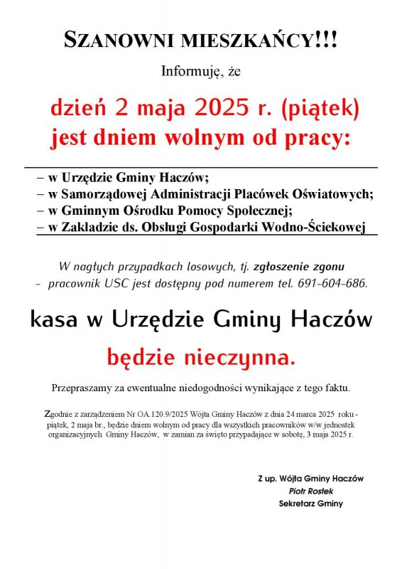 2 Maja - dzień wolny w Urzędzie Gminy