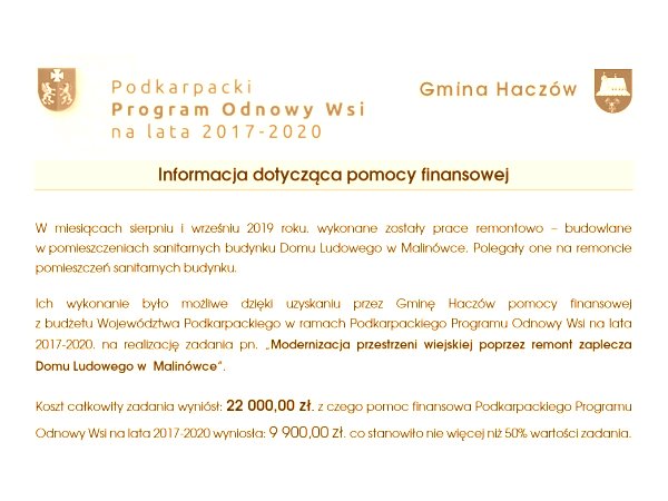 Informacja o projekcie z udziałem środków UE - Dom Ludowy w  Malinówce
