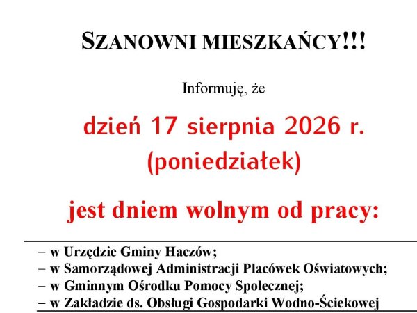 Dzień wolny - poniedziałek 17 sierpnia 2026 r.