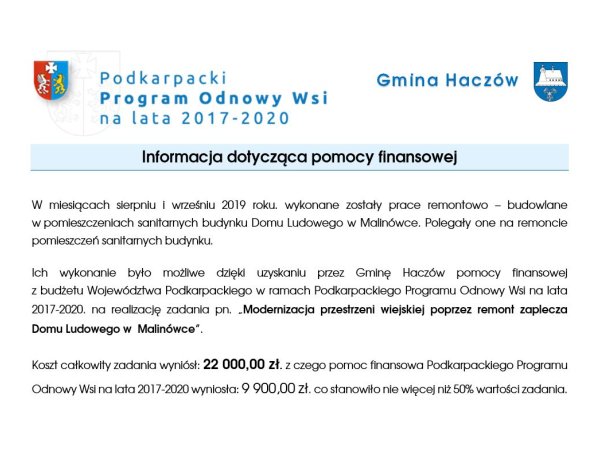 Informacja o projekcie z udziałem środków UE - Dom Ludowy w  Malinówce