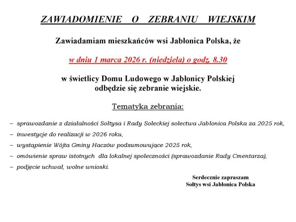 Zebranie Wiejskie w Jabłonicy Polskiej 1.03.2026